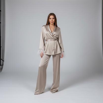 Women's Satin Loungewear Set with Feather Cuffs – Elegant 2-Piece Set for Relaxation, Home, Evening Wear, and Special Occasions