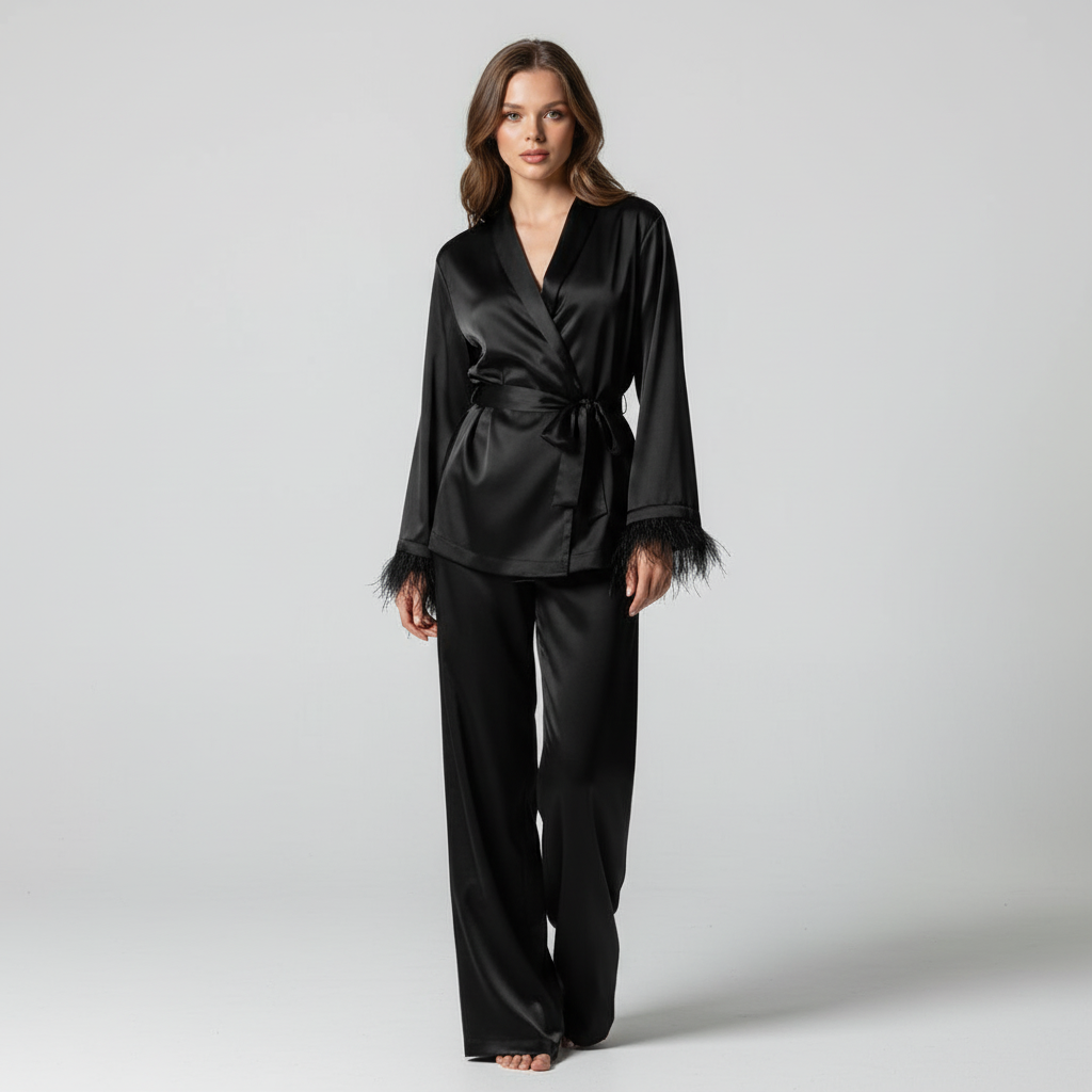 Women's Satin Loungewear Set with Feather Cuffs – Elegant 2-Piece Set for Relaxation, Home, Evening Wear, and Special Occasions