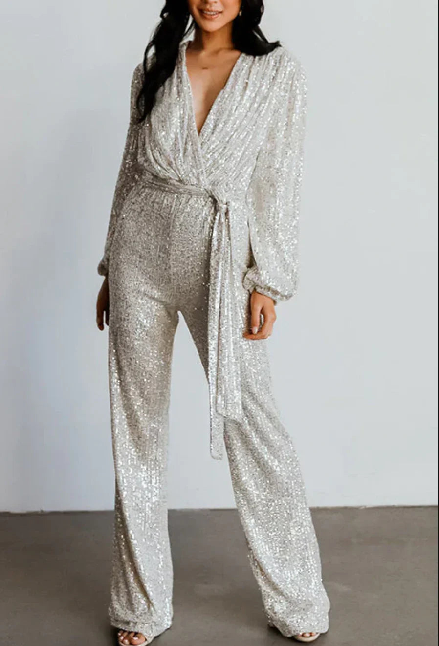 Dame Paillet Jumpsuit – Slå-Om Front Med Taljebælte Til Aftenbrug