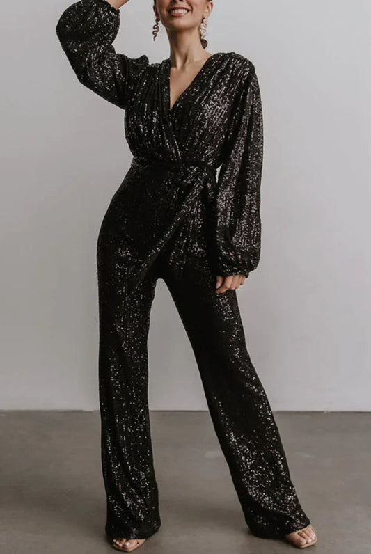 Women's Sequin Jumpsuit – Wrap Front with Waist Belt for Evening Wear