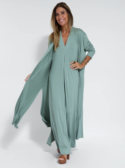Dame Strækbar Maxikjole Med Matchende Cardigan – Elegant 2-delt Sæt Til Kontor, Hverdagsbrug Og Smart Casual Stil