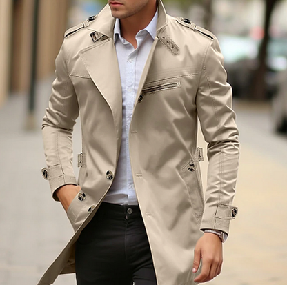 Herre Militærinspireret Trenchcoat Med Epauletter – Skræddersyet Mellemlang Frakke Til Efterår, Vinter, Hverdagsbrug Og Smart Casual Stil
