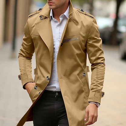 Herre Militærinspireret Trenchcoat Med Epauletter – Skræddersyet Mellemlang Frakke Til Efterår, Vinter, Hverdagsbrug Og Smart Casual Stil