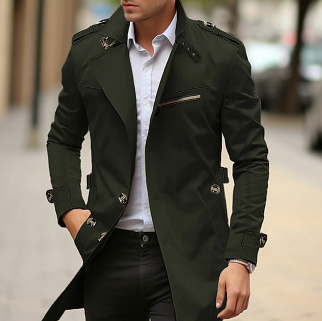 Herre Militærinspireret Trenchcoat Med Epauletter – Skræddersyet Mellemlang Frakke Til Efterår, Vinter, Hverdagsbrug Og Smart Casual Stil