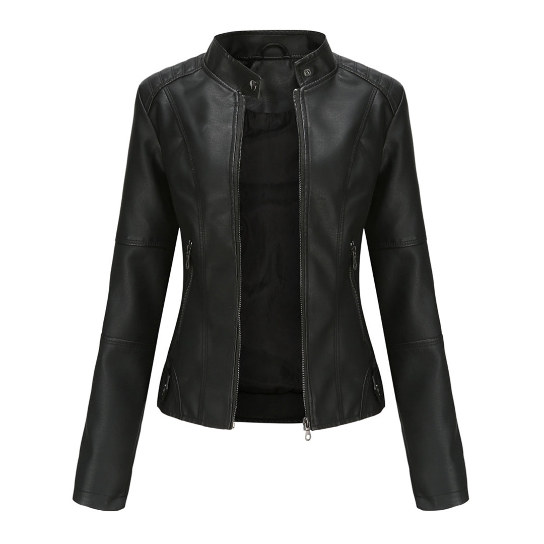 Geacă biker de damă din piele ecologică, cu design cambrat și închidere cu fermoar – Geacă elegantă pentru toamnă, oraș, timp liber și stil smart casual