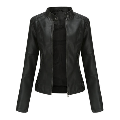 Geacă biker de damă din piele ecologică, cu design cambrat și închidere cu fermoar – Geacă elegantă pentru toamnă, oraș, timp liber și stil smart casual