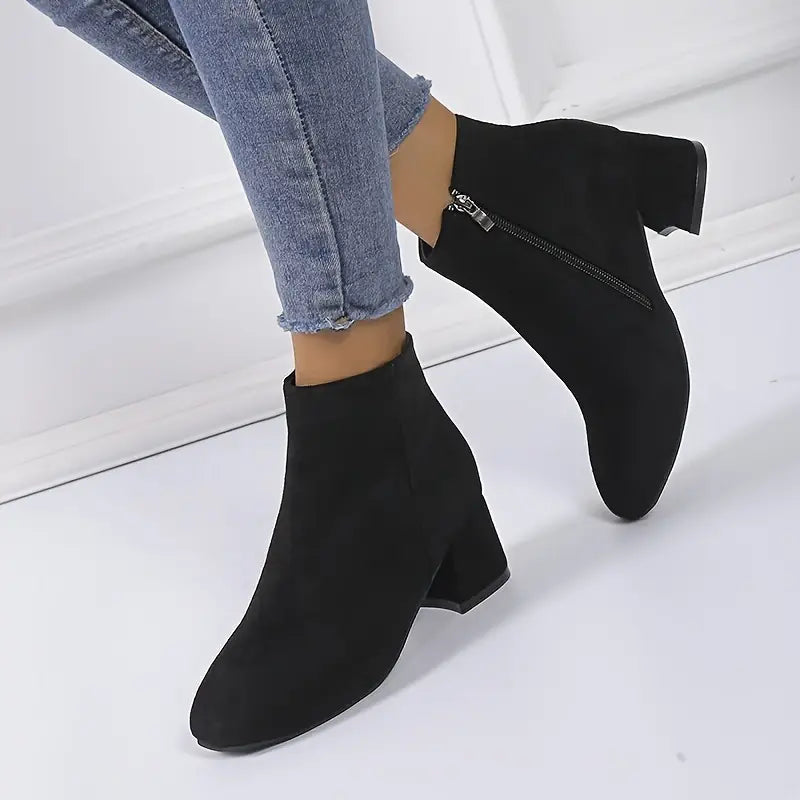Botines para mujer con aspecto de ante y cremallera lateral – Botas clásicas con tacón cuadrado para el día a día con comodidad y atuendos elegantes