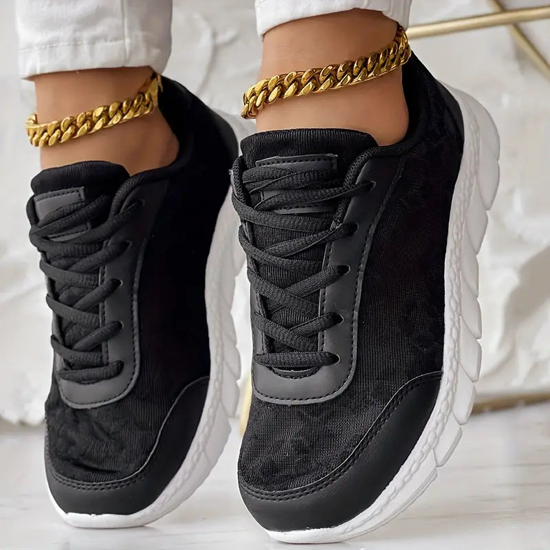 Dame Platform-sneakers I Mesh Med Blomstermønster – Komfortable Snøresko Med Polstret Sål Til Gåture Og Afslappet Hverdagsbrug