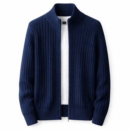 Męski prążkowany kardigan zapinany na zamek ze stójką – klasyczna dzianinowa kurtka na jesień, zimę, co dzień i w stylu smart casual