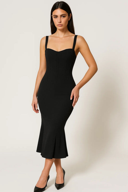Rochie midi damă cu decolteu în formă de inimă și tiv evazat  