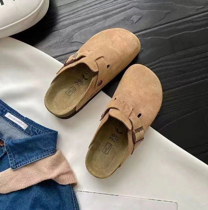 Dame Ruskindslook Clogs Med Justerbart Spænde – Komfortable Slip-on Mules Med Lukket Tå Og Gummisål Til Afslappet Hverdagsbrug