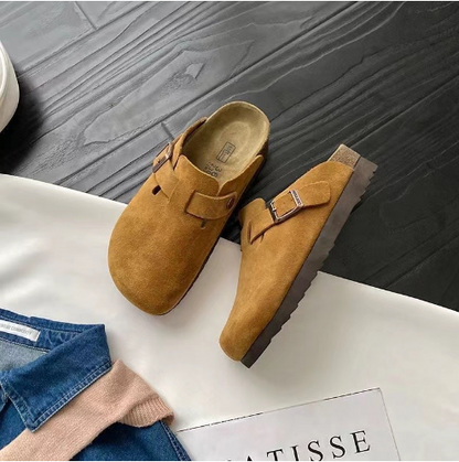 Dame Ruskindslook Clogs Med Justerbart Spænde – Komfortable Slip-on Mules Med Lukket Tå Og Gummisål Til Afslappet Hverdagsbrug