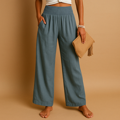 Women's Lightweight High-Waisted Wide-Leg Summer Pants - Breathable Design with Elastic Waist and Pockets for Vacations, Travel, and Everyday Wear