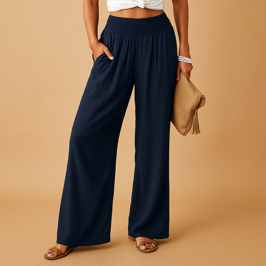 Women's Lightweight High-Waisted Wide-Leg Summer Pants - Breathable Design with Elastic Waist and Pockets for Vacations, Travel, and Everyday Wear
