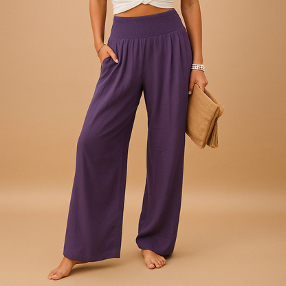 Women's Lightweight High-Waisted Wide-Leg Summer Pants - Breathable Design with Elastic Waist and Pockets for Vacations, Travel, and Everyday Wear