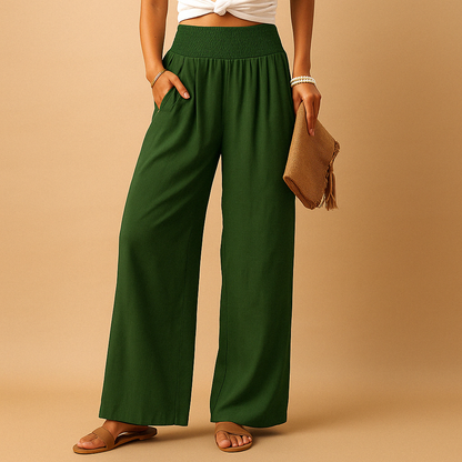 Women's Lightweight High-Waisted Wide-Leg Summer Pants - Breathable Design with Elastic Waist and Pockets for Vacations, Travel, and Everyday Wear