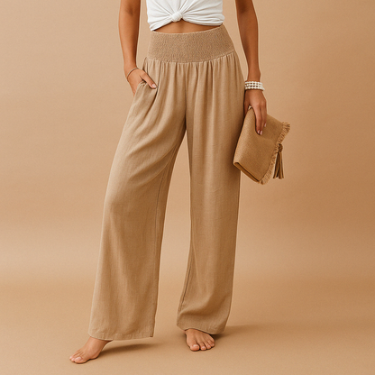 Women's Lightweight High-Waisted Wide-Leg Summer Pants - Breathable Design with Elastic Waist and Pockets for Vacations, Travel, and Everyday Wear