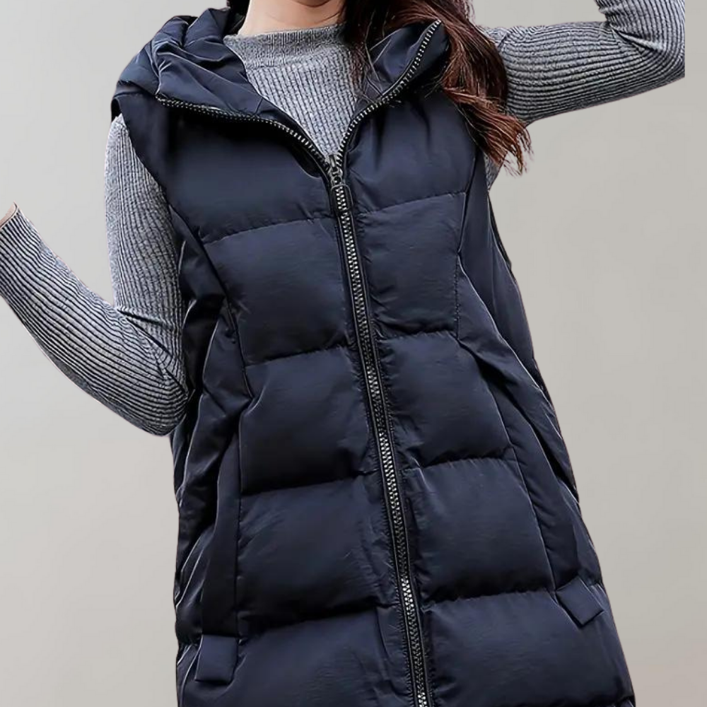 Vestă lungă matlasată pentru femei, tip puffer, cu glugă și fermoar - vestă de iarnă izolatoare, fără mâneci, pentru zile reci, purtare în straturi și utilizare zilnică