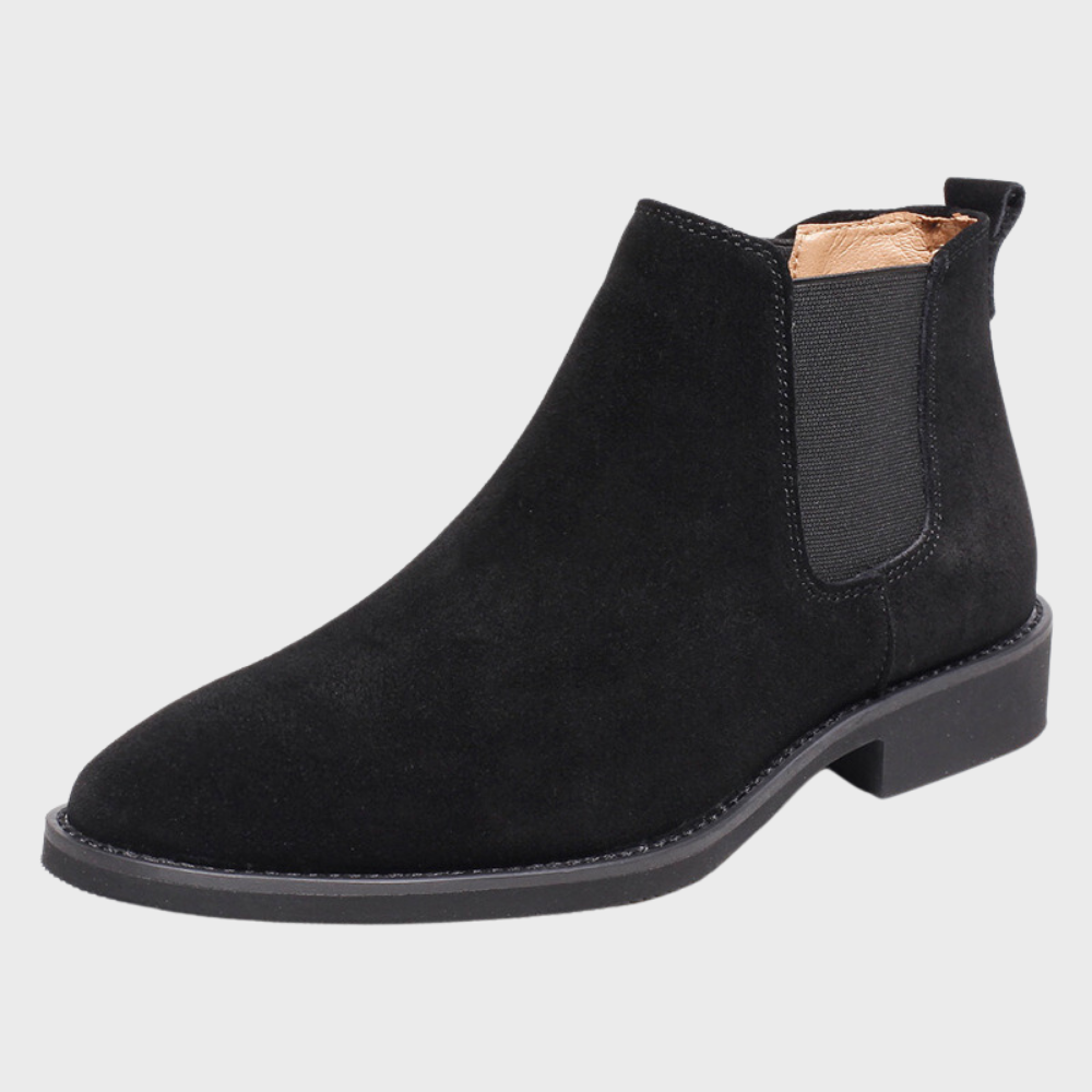 Men's suede Chelsea boots with elastic side panels and low heels - elegant ankle boots for the office, everyday wear, parties, and smart casual style