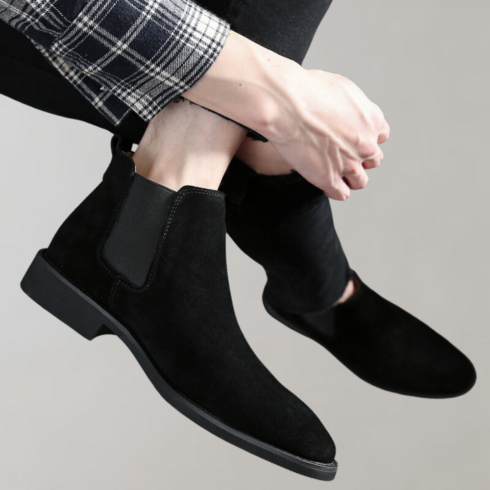 Men's suede Chelsea boots with elastic side panels and low heels - elegant ankle boots for the office, everyday wear, parties, and smart casual style