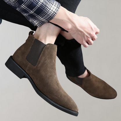Men's suede Chelsea boots with elastic side panels and low heels - elegant ankle boots for the office, everyday wear, parties, and smart casual style