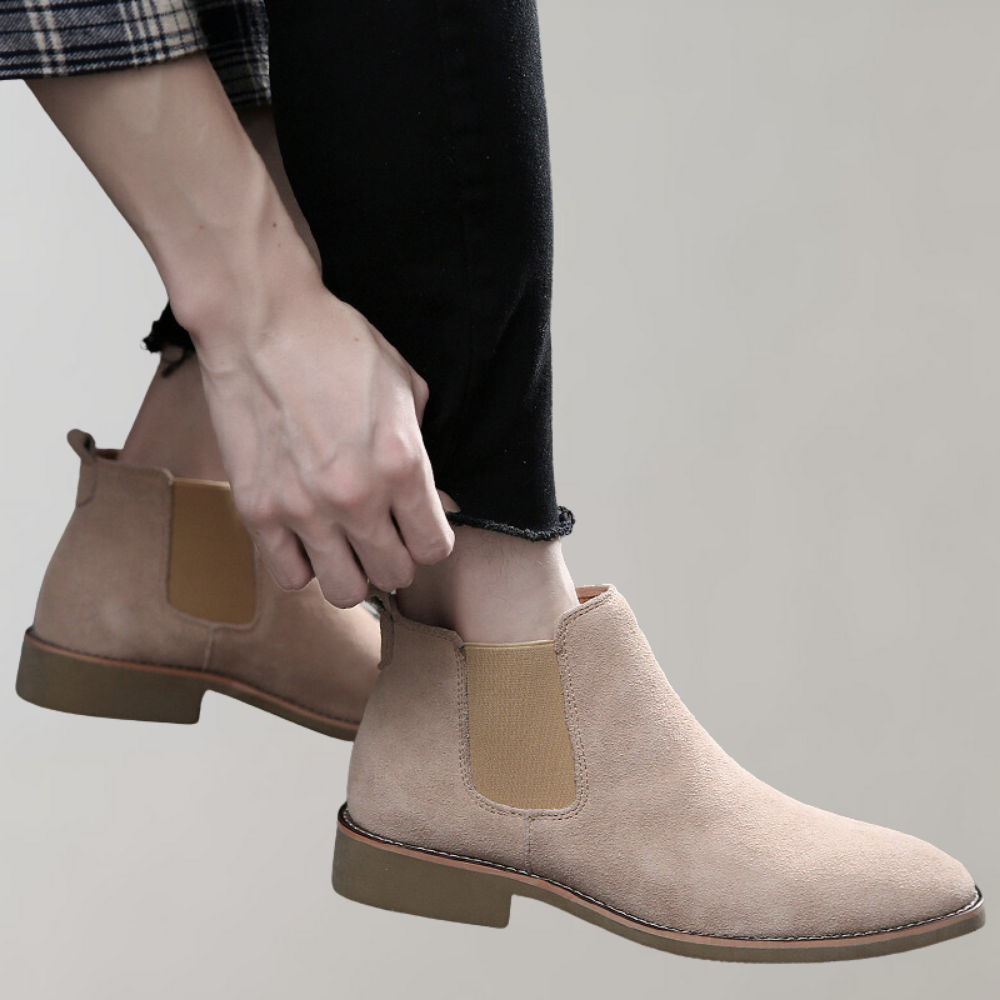 Men's suede Chelsea boots with elastic side panels and low heels - elegant ankle boots for the office, everyday wear, parties, and smart casual style