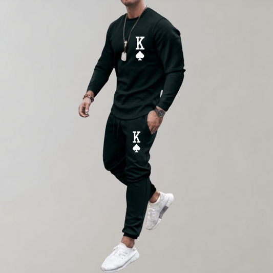 Men's Printed Tracksuit with Crew Neck – Comfortable Two-Piece Polyester Set for Training and Streetwear