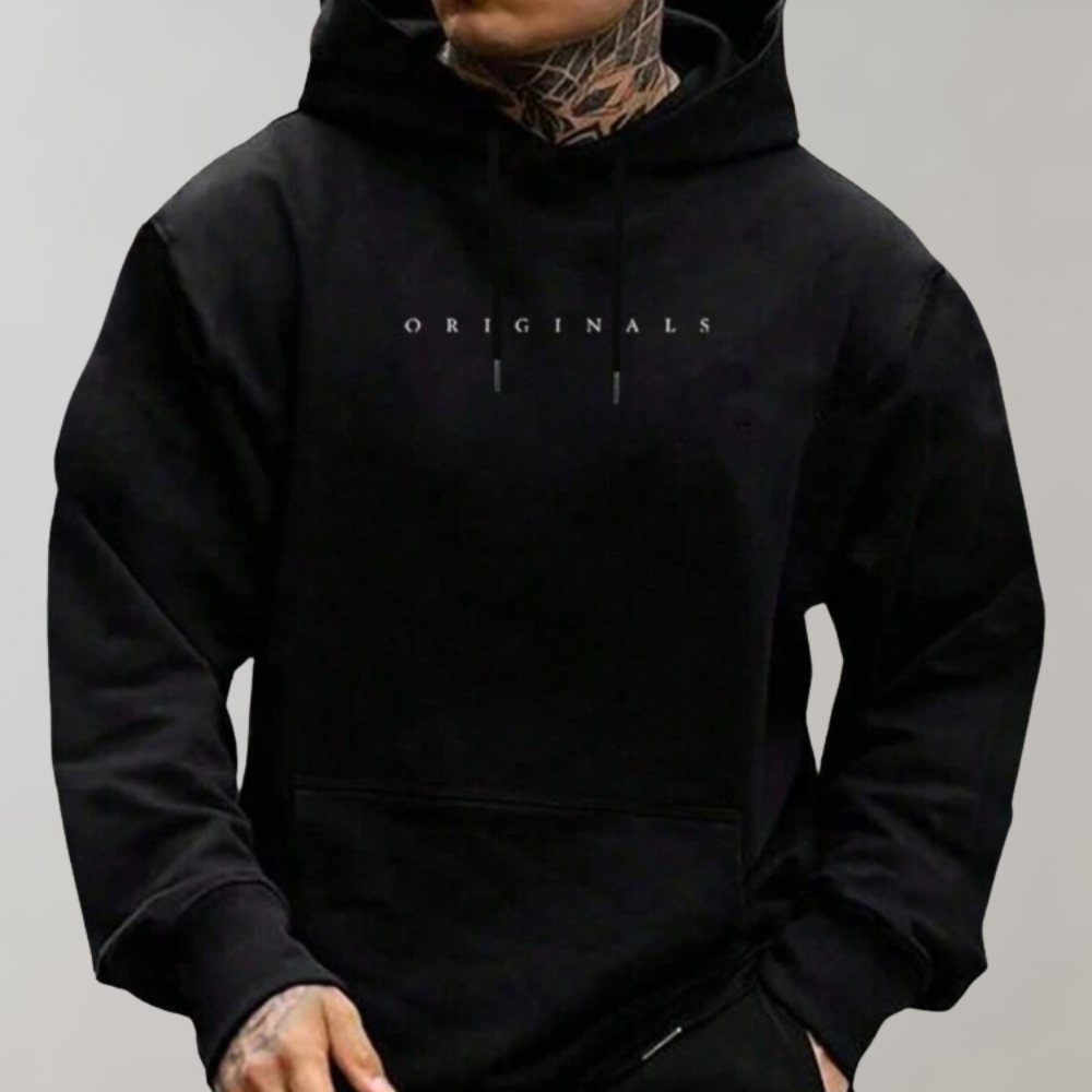 Męska minimalistyczna bluza z kapturem z nadrukiem logo i swobodnym krojem – bluza wkładana przez głowę na co dzień, na czas wolny i w stylu casual