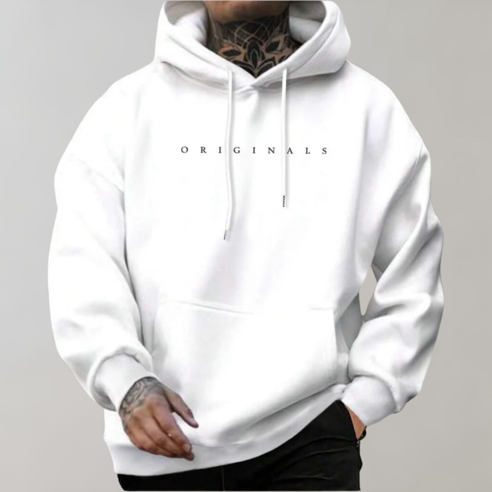 Męska minimalistyczna bluza z kapturem z nadrukiem logo i swobodnym krojem – bluza wkładana przez głowę na co dzień, na czas wolny i w stylu casual