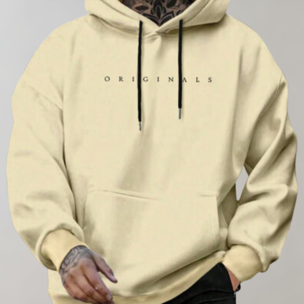 Męska minimalistyczna bluza z kapturem z nadrukiem logo i swobodnym krojem – bluza wkładana przez głowę na co dzień, na czas wolny i w stylu casual