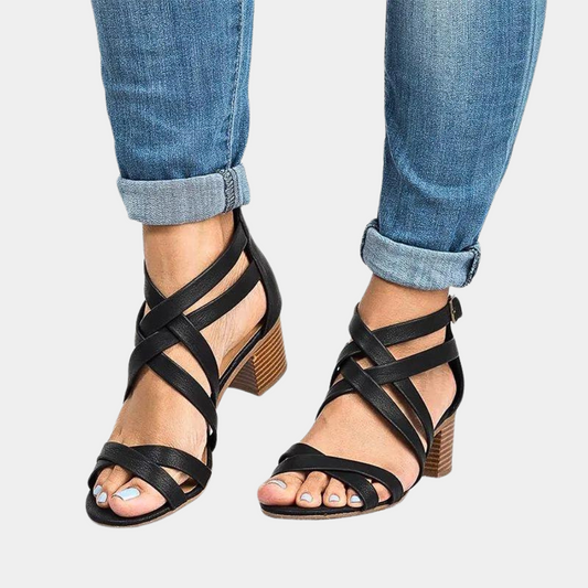 Dame Sandaler Med Blokhæl, Åben Tå Og Krydsremme – Elegante Sommersko Med Spænde Til Smart Casual-stil Og Hverdagsbrug