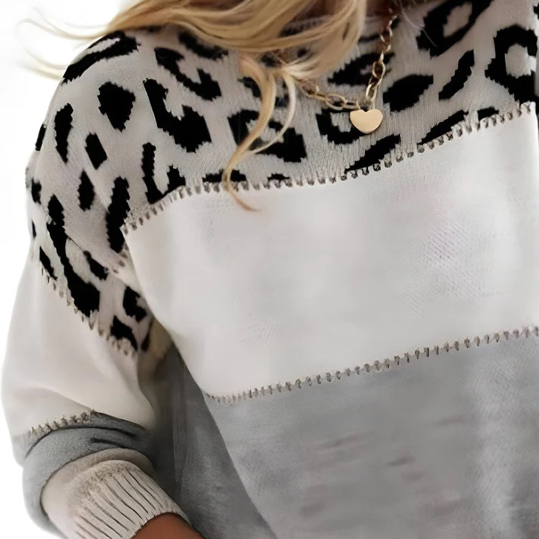 Dámský pletený svetr s leopardím panelem a kulatým výstřihem – ležérní pulovr pro každodenní nošení, volný čas a stylové vrstvení