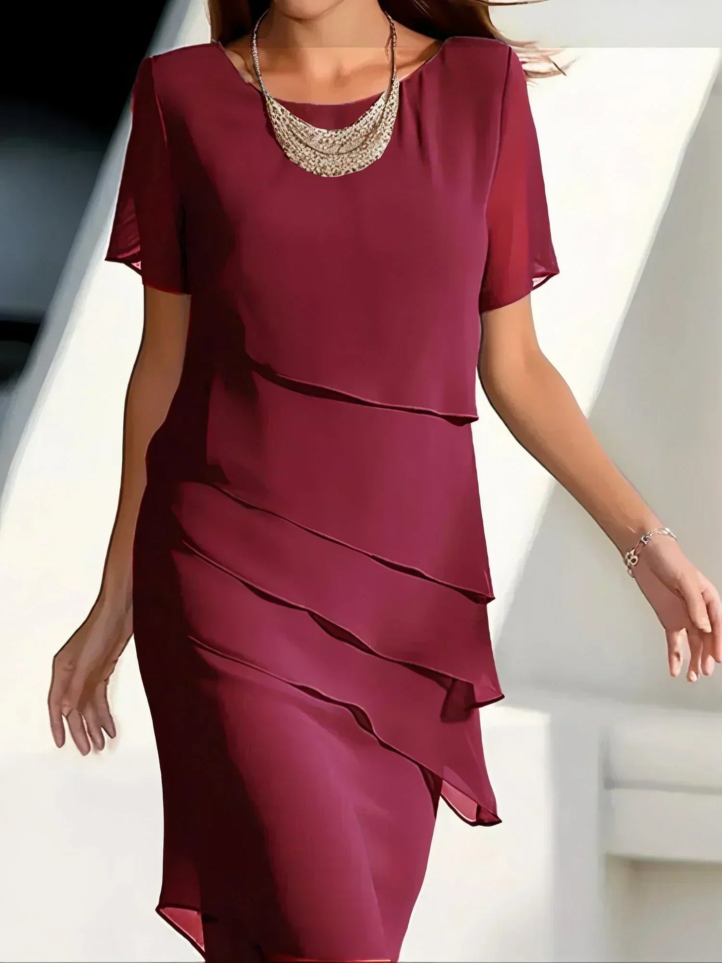 Dame Lagdelt Chiffon Midi Kjole Til Elegante Anledninger