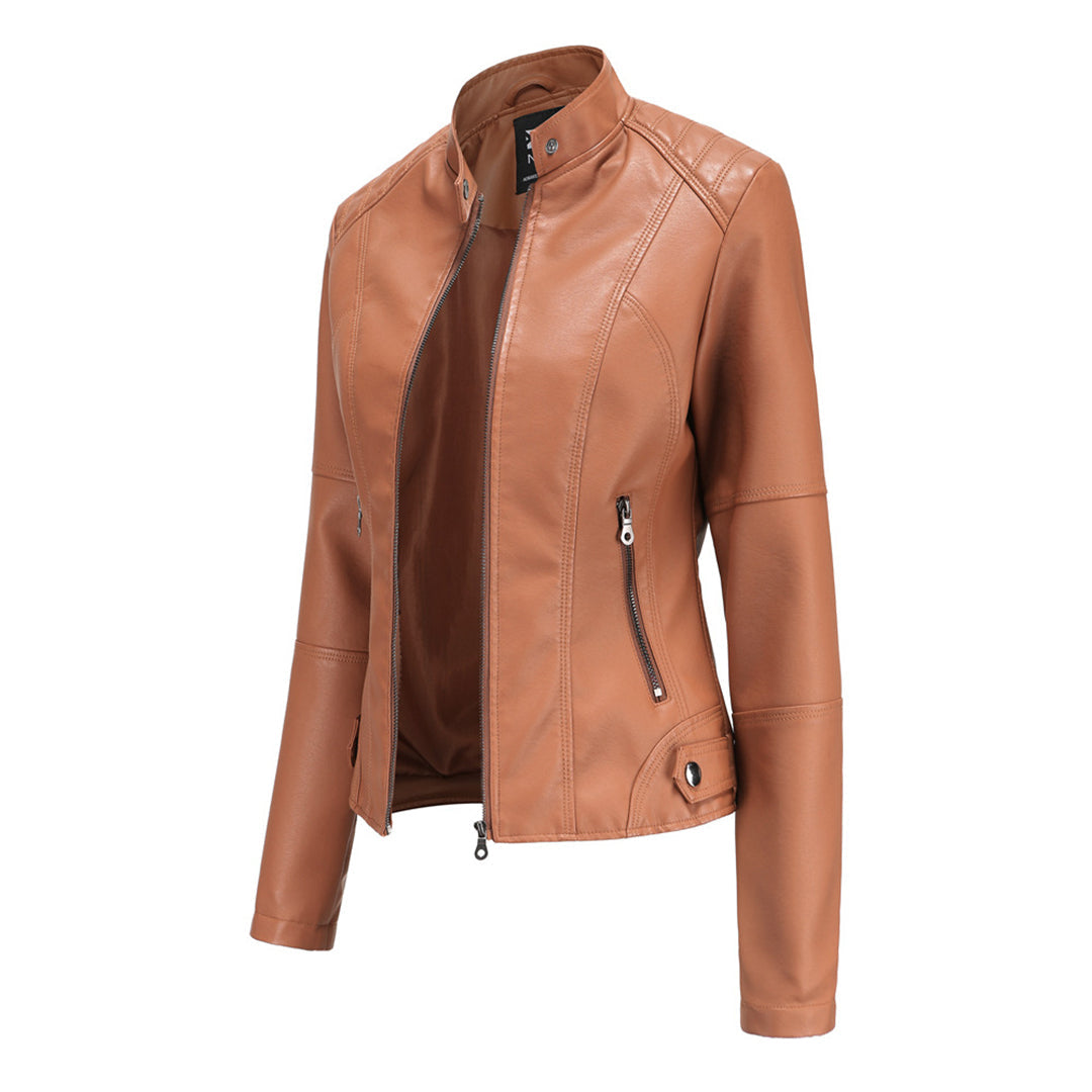 Geacă biker de damă din piele ecologică, cu design cambrat și închidere cu fermoar – Geacă elegantă pentru toamnă, oraș, timp liber și stil smart casual