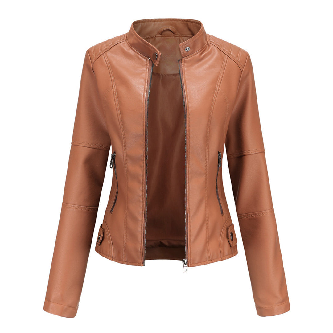 Geacă biker de damă din piele ecologică, cu design cambrat și închidere cu fermoar – Geacă elegantă pentru toamnă, oraș, timp liber și stil smart casual