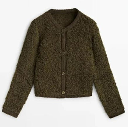 Dame Cropped Bouclé-cardigan Med Knaplukning Og Rund Hals – Tekstureret Strik Til Hverdagsbrug, Fritid Og Elegant Lag-på-lag Styling