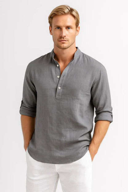 Camisa de lino para hombre con cuello mao y cierre de media botonadura: camisa veraniega informal para vacaciones, tiempo libre, uso diario y estilo smart casual