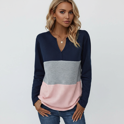 Dame Panelstrikket Sweater Med V-hals Og Afslappede Lange Ærmer