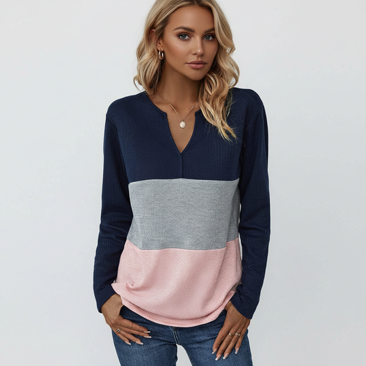 Women's Panel-Knit Sweater with V-Neck and Relaxed Long Sleeves