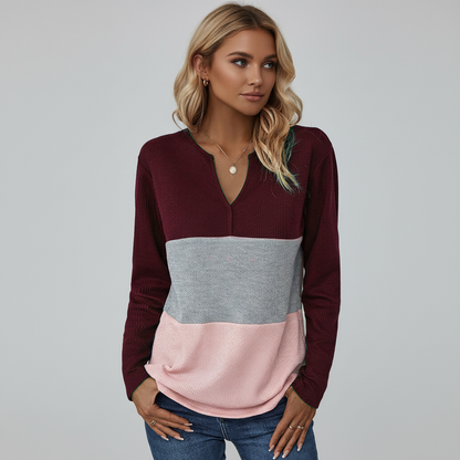 Dame Panelstrikket Sweater Med V-hals Og Afslappede Lange Ærmer