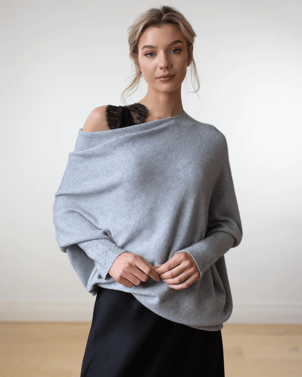 Women's Asymmetrical Knit Poncho with Draped Design – Elegant Off-Shoulder Top for Everyday Wear, Evening Wear, and Special Occasions