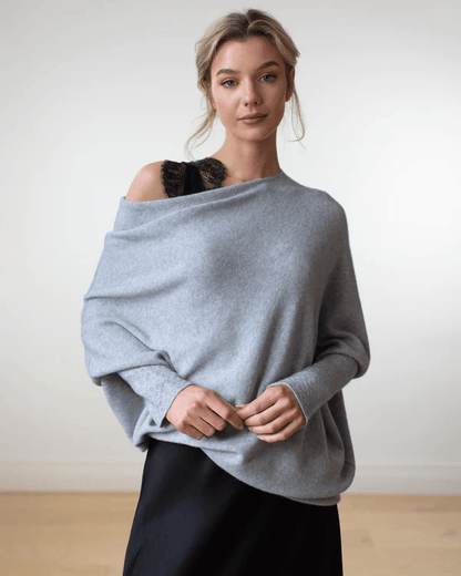 Women's Asymmetrical Knit Poncho with Draped Design – Elegant Off-Shoulder Top for Everyday Wear, Evening Wear, and Special Occasions