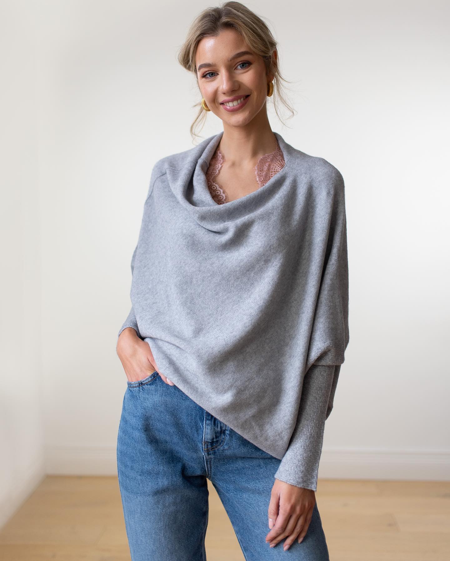 Women's Asymmetrical Knit Poncho with Draped Design – Elegant Off-Shoulder Top for Everyday Wear, Evening Wear, and Special Occasions