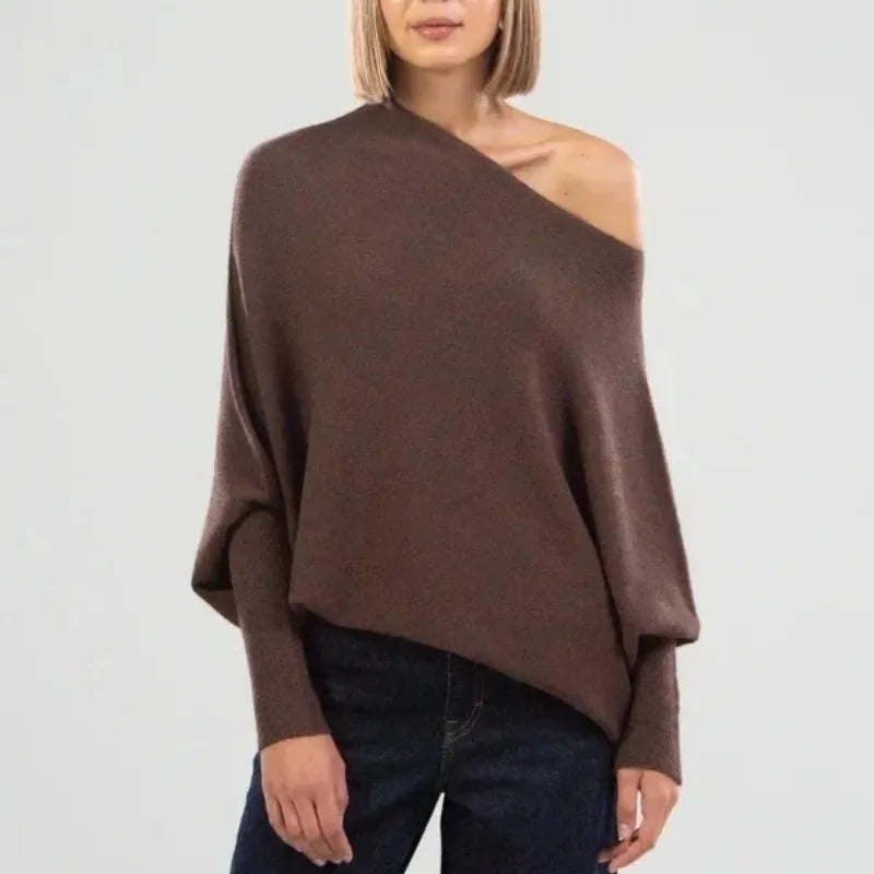 Women's Asymmetrical Knit Poncho with Draped Design – Elegant Off-Shoulder Top for Everyday Wear, Evening Wear, and Special Occasions