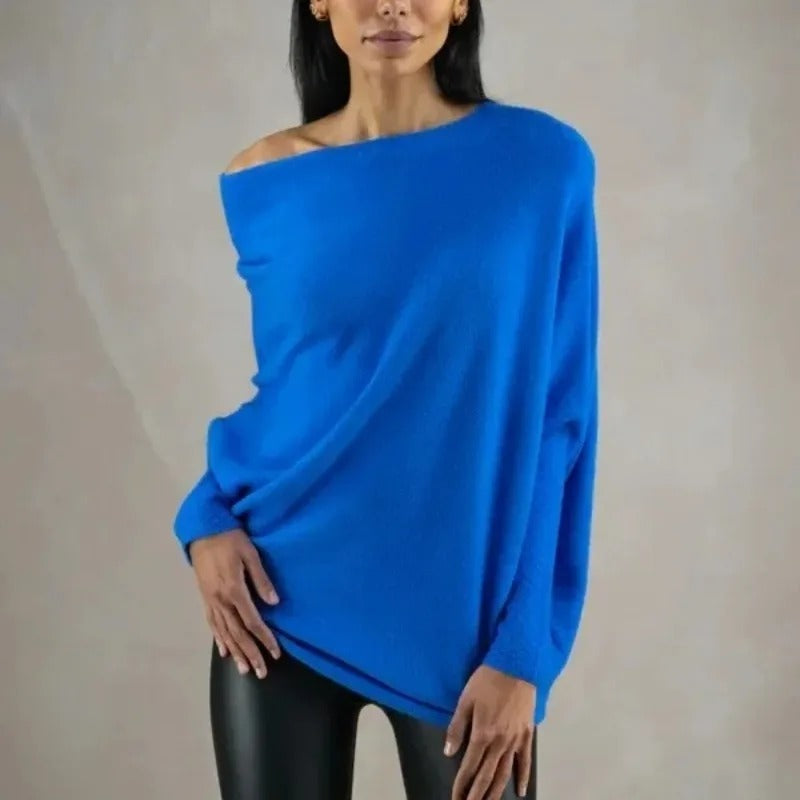 Women's Asymmetrical Knit Poncho with Draped Design – Elegant Off-Shoulder Top for Everyday Wear, Evening Wear, and Special Occasions