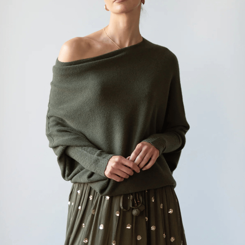 Women's Asymmetrical Knit Poncho with Draped Design – Elegant Off-Shoulder Top for Everyday Wear, Evening Wear, and Special Occasions