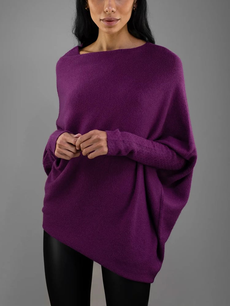 Women's Asymmetrical Knit Poncho with Draped Design – Elegant Off-Shoulder Top for Everyday Wear, Evening Wear, and Special Occasions