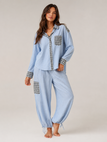 Conjunto de pijama de cuadros para mujer con camisa holgada abotonada y pantalones jogger con cordón - Pijama cómodo para dormir, estar en casa y relajarse