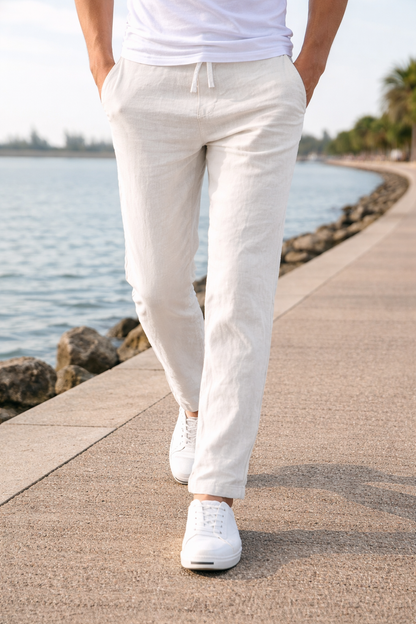 Pantaloni bărbătești din bumbac, cu talie cu șnur și croială lejeră – pantaloni eleganți pentru zi cu zi, timp liber, vacanțe și ținute casual