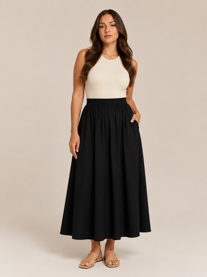 Falda midi de línea A para mujer, de cintura alta, con cintura elástica, pliegues suaves y bolsillos - falda elegante y cómoda para el trabajo, el uso diario y el tiempo libre